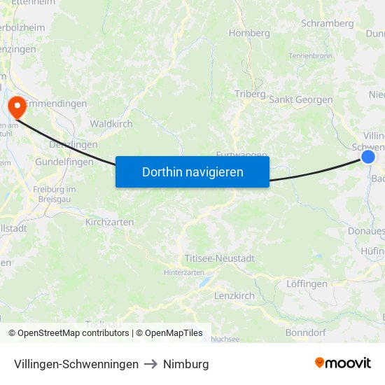 Villingen-Schwenningen to Nimburg map