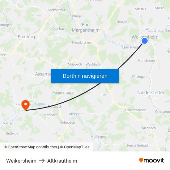 Weikersheim to Altkrautheim map