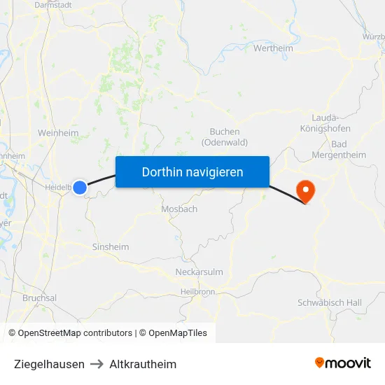Ziegelhausen to Altkrautheim map
