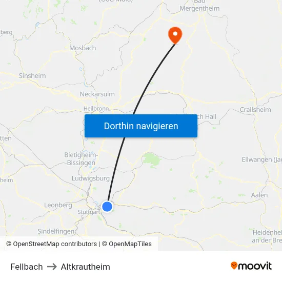 Fellbach to Altkrautheim map
