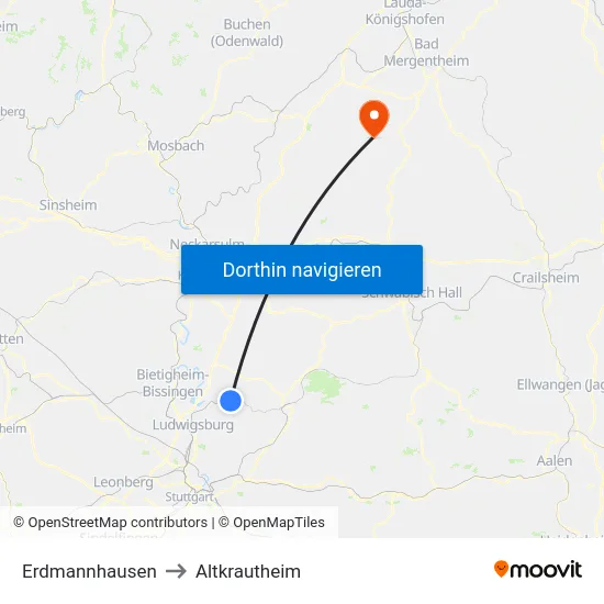 Erdmannhausen to Altkrautheim map