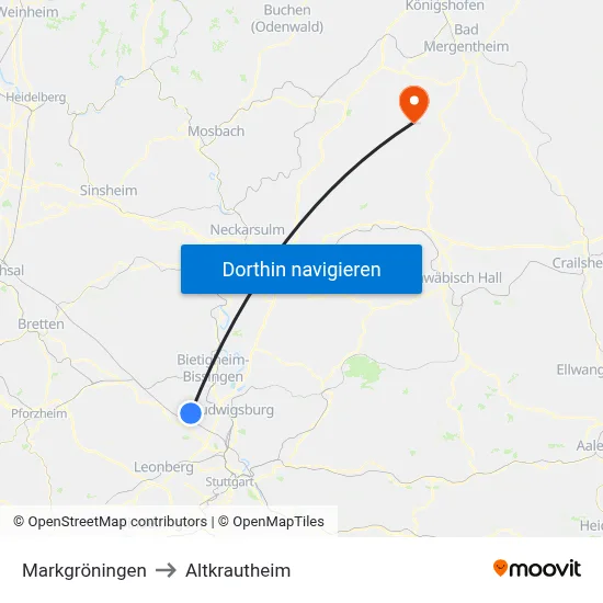 Markgröningen to Altkrautheim map