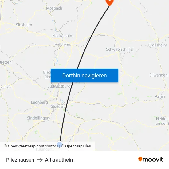 Pliezhausen to Altkrautheim map