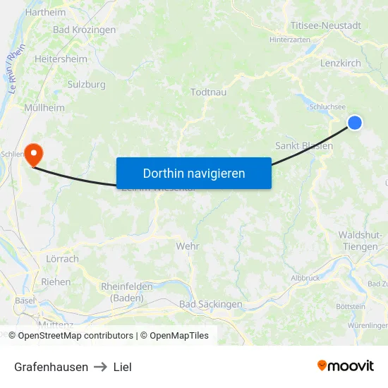 Grafenhausen to Liel map