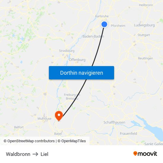 Waldbronn to Liel map