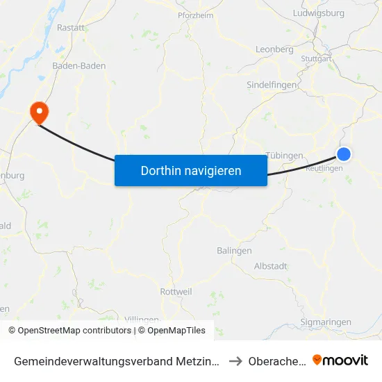 Gemeindeverwaltungsverband Metzingen to Oberachern map