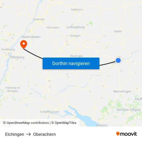 Elchingen to Oberachern map