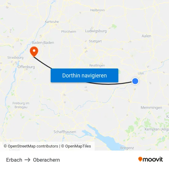 Erbach to Oberachern map