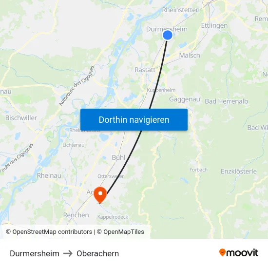 Durmersheim to Oberachern map