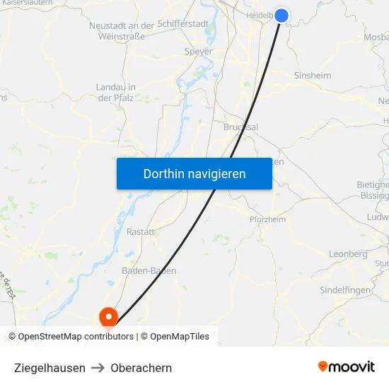 Ziegelhausen to Oberachern map