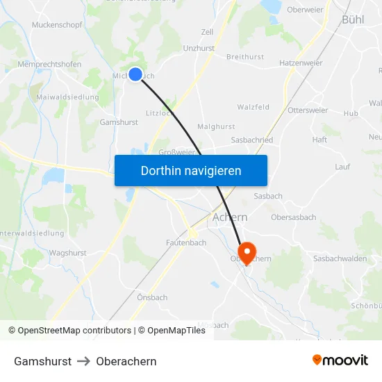 Gamshurst to Oberachern map