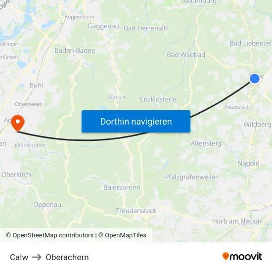 Calw to Oberachern map