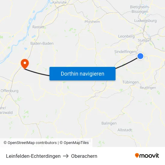 Leinfelden-Echterdingen to Oberachern map