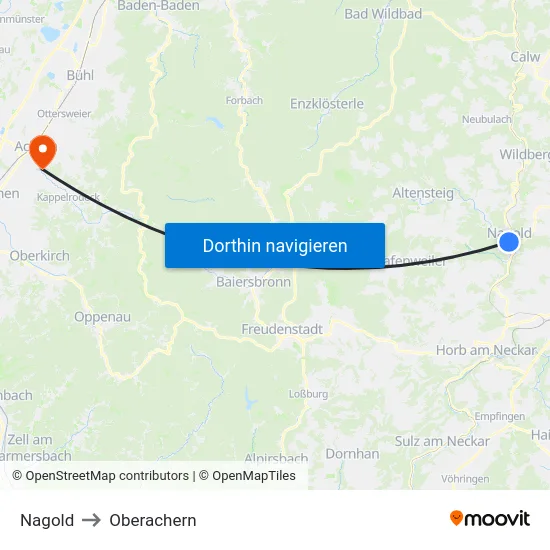 Nagold to Oberachern map