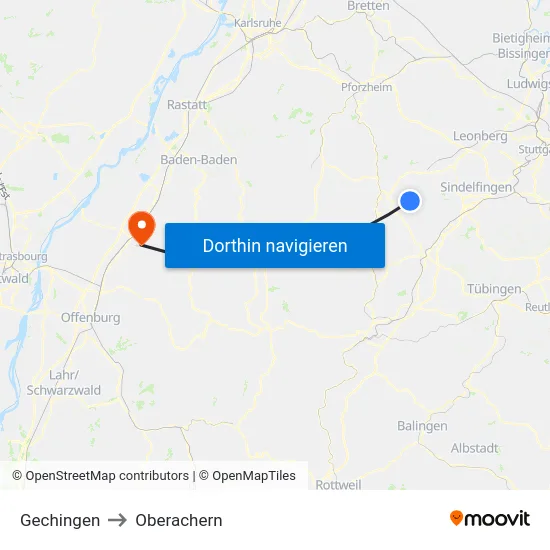 Gechingen to Oberachern map