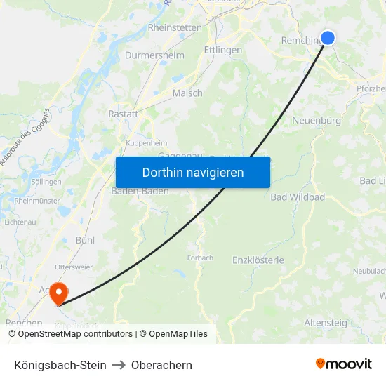 Königsbach-Stein to Oberachern map