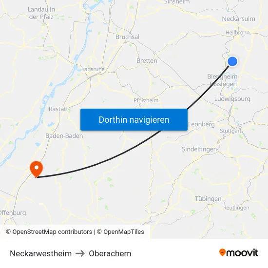 Neckarwestheim to Oberachern map