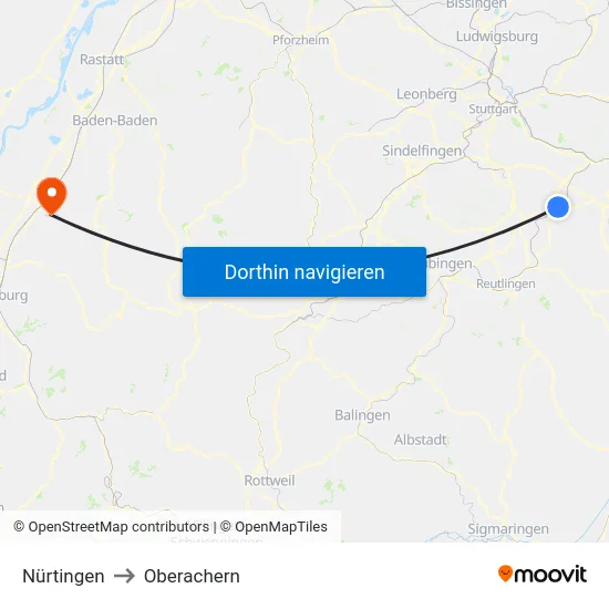 Nürtingen to Oberachern map
