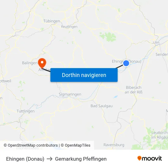 Ehingen (Donau) to Gemarkung Pfeffingen map