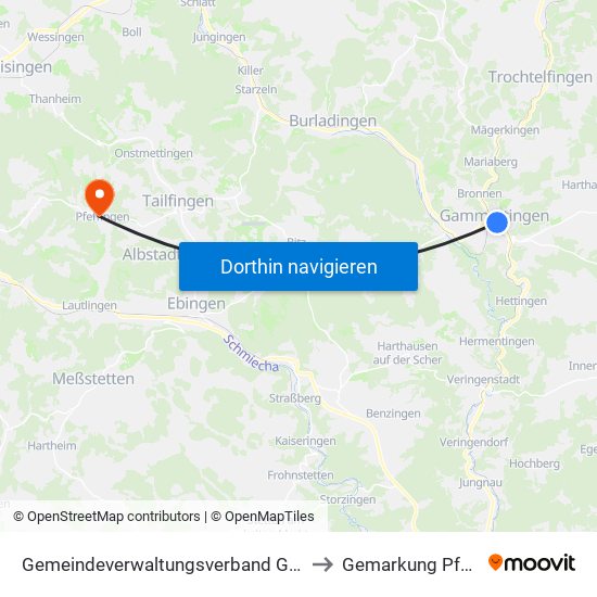 Gemeindeverwaltungsverband Gammertingen to Gemarkung Pfeffingen map