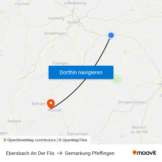 Ebersbach An Der Fils to Gemarkung Pfeffingen map