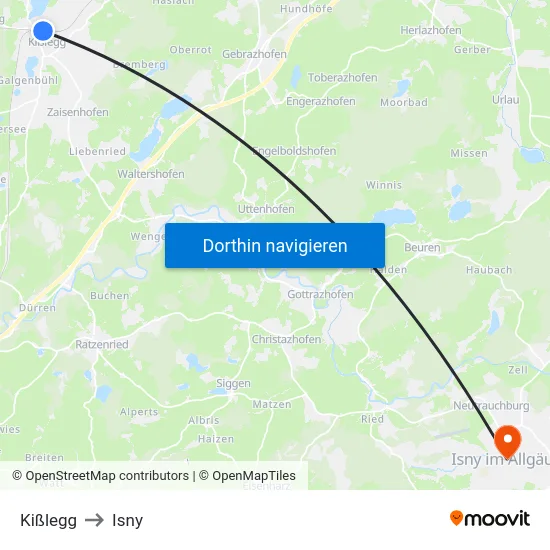 Kißlegg to Isny map