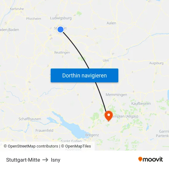 Stuttgart-Mitte to Isny map