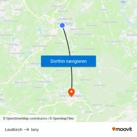Leutkirch to Isny map