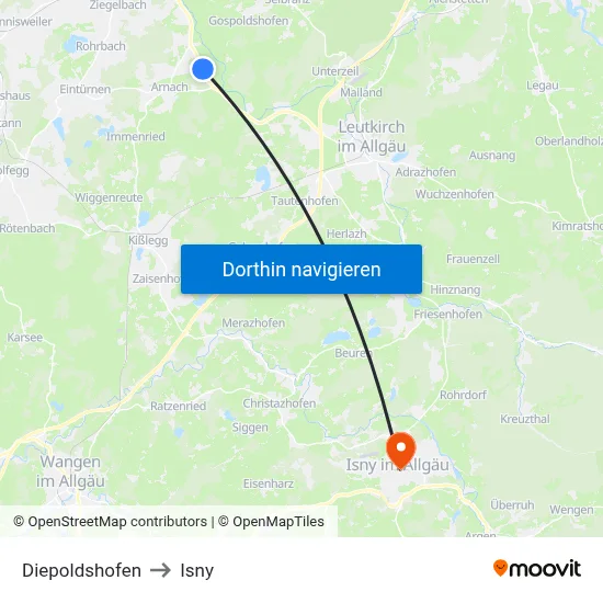 Diepoldshofen to Isny map