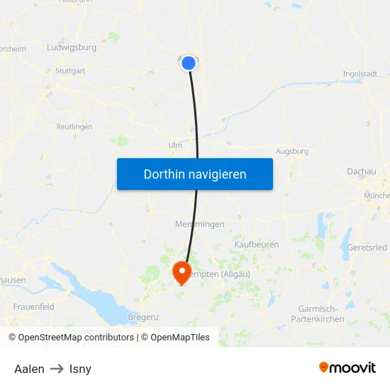 Aalen to Isny map