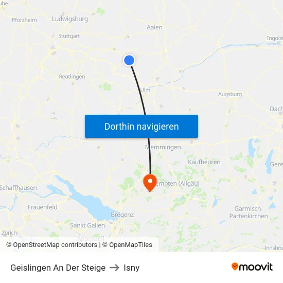 Geislingen An Der Steige to Isny map