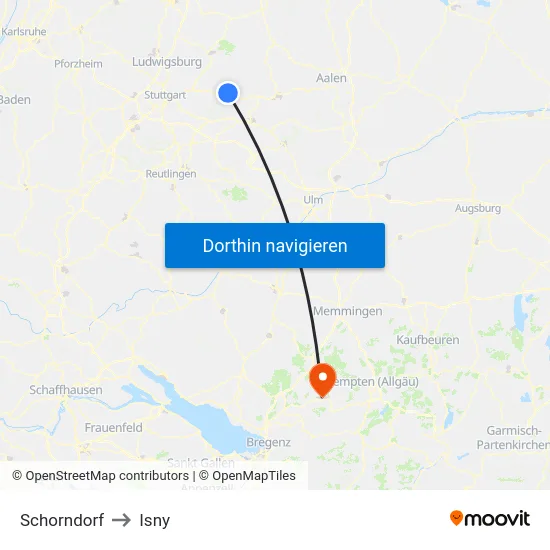 Schorndorf to Isny map