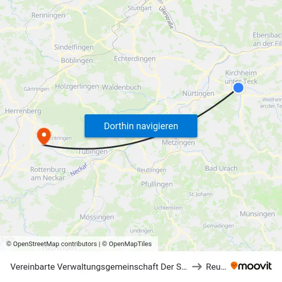 Vereinbarte Verwaltungsgemeinschaft Der Stadt Kirchheim Unter Teck to Reusten map