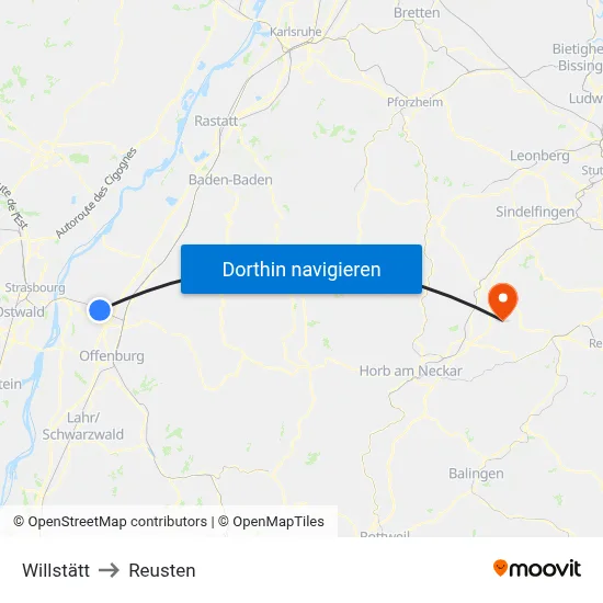 Willstätt to Reusten map