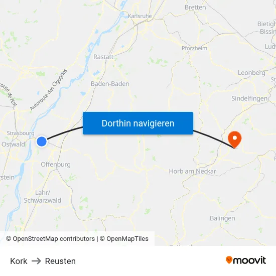 Kork to Reusten map