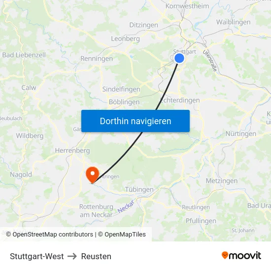 Stuttgart-West to Reusten map