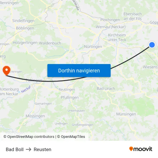 Bad Boll to Reusten map