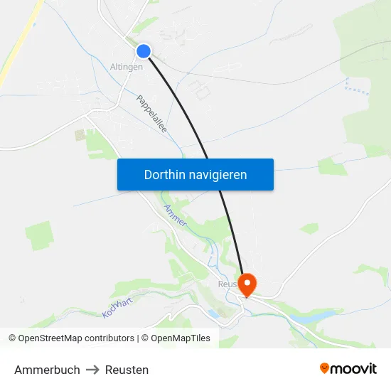 Ammerbuch to Reusten map