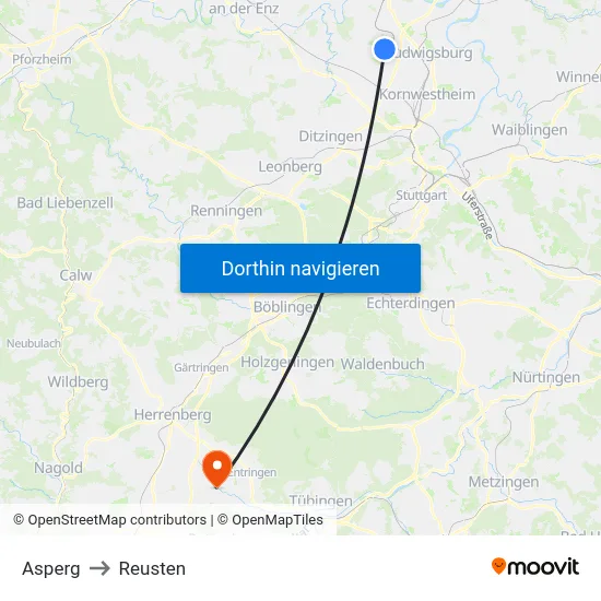 Asperg to Reusten map