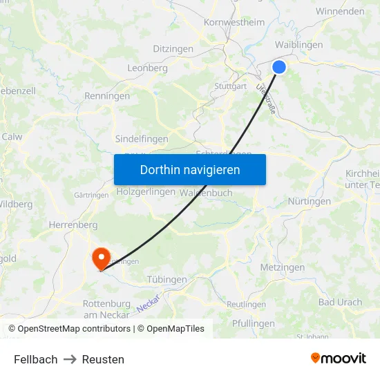 Fellbach to Reusten map