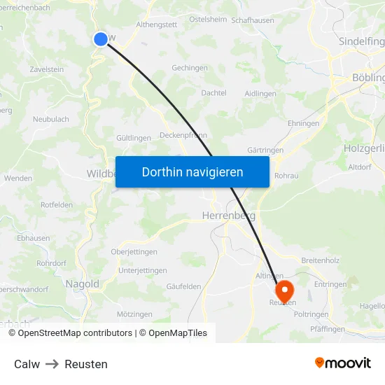 Calw to Reusten map