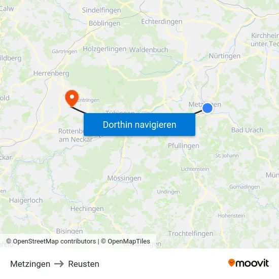 Metzingen to Reusten map