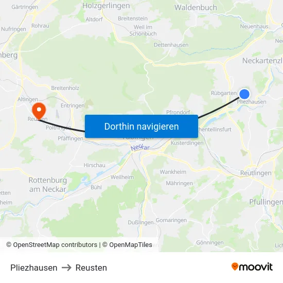 Pliezhausen to Reusten map