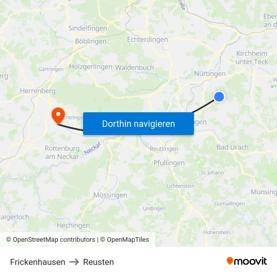Frickenhausen to Reusten map