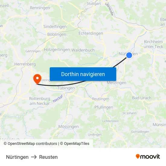 Nürtingen to Reusten map