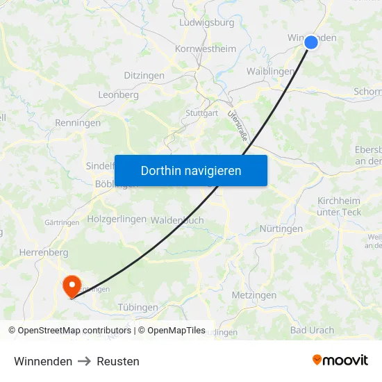 Winnenden to Reusten map