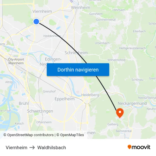 Viernheim to Waldhilsbach map