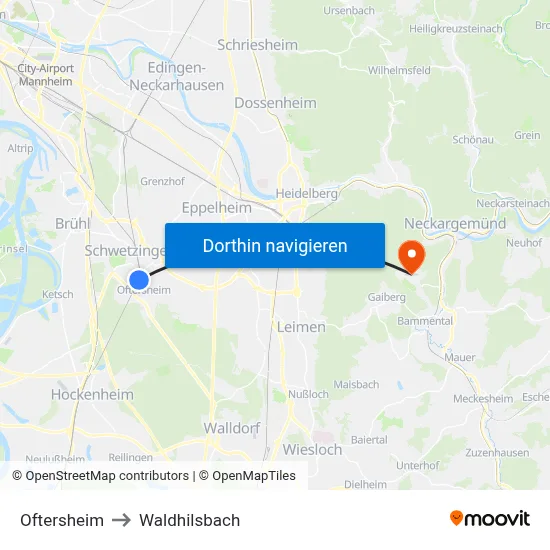 Oftersheim to Waldhilsbach map