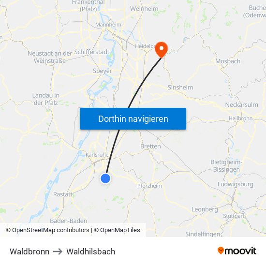 Waldbronn to Waldhilsbach map