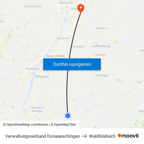 Verwaltungsverband Donaueschingen to Waldhilsbach map